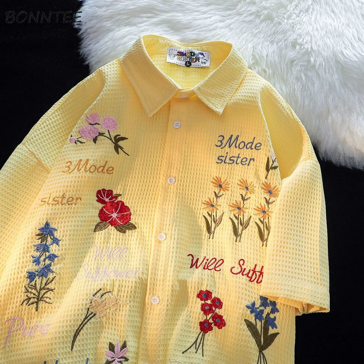 Summer Clothing Holiday - Kemeja Bordir Bunga Wafel Wanita Longgar