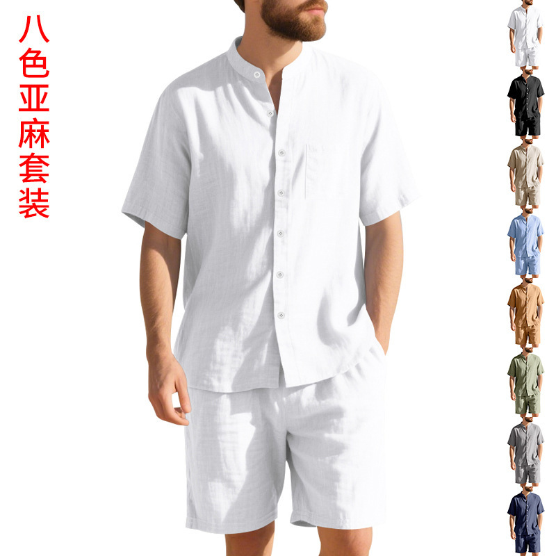 Linen Shorts Men - Setelan Linen Pria Musim Panas, Kemeja