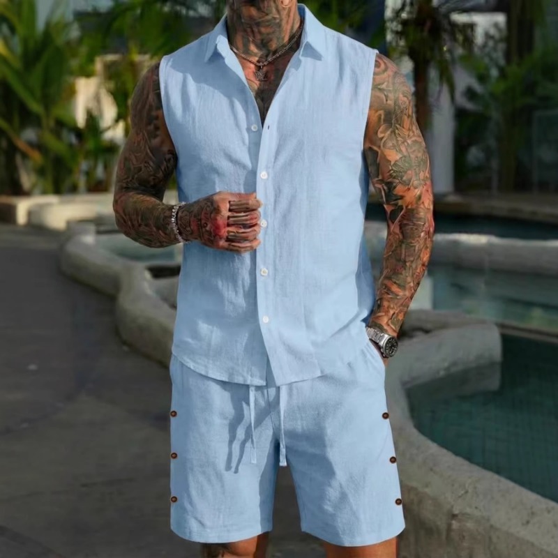 Linen Shorts Men - Setelan Linen 2 Potong Pria Tanpa