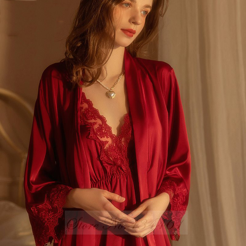 Summer Nights Clothing - Burgundy Set jubah 2PCS gaun tidur