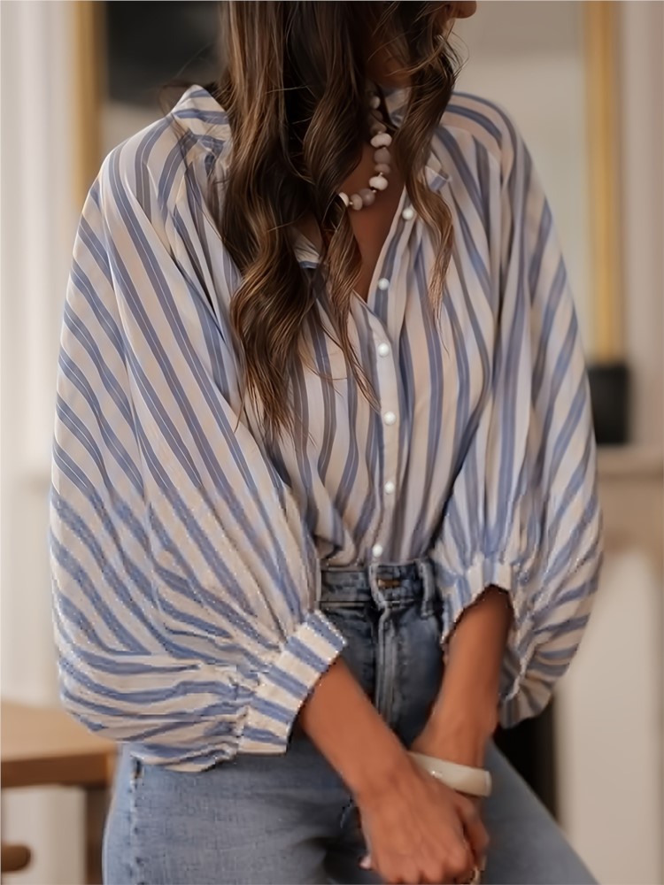 Summer Clothing Holiday - Kemeja Wanita Kasual Bergaris, Lengan Panjang,