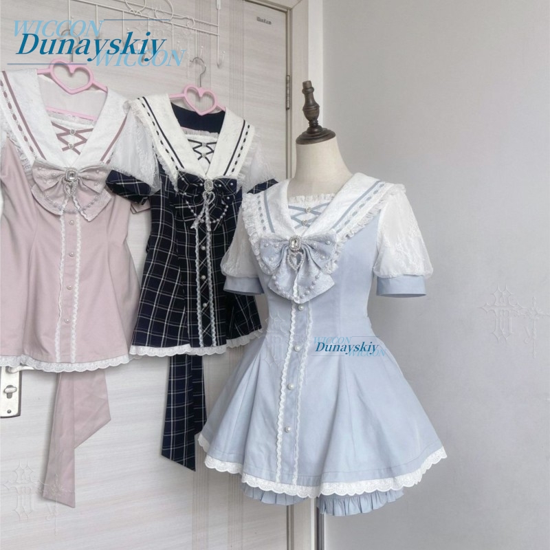 Summer Japanese Clothing - Set Gaun Kerah Pelaut Renda Pita