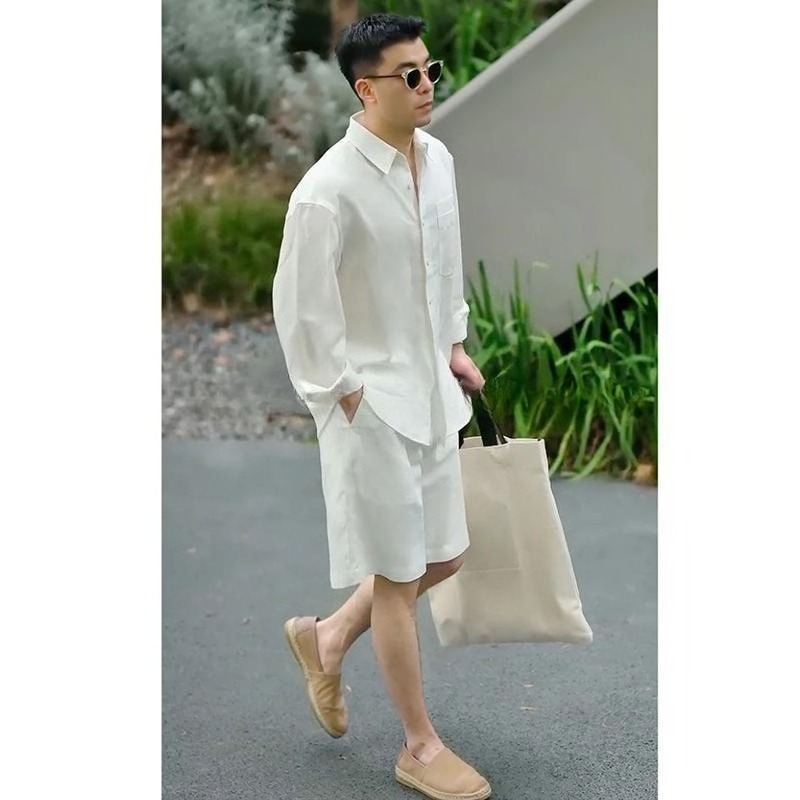 Linen Shorts Men - Set Kasual Musim Panas Kemeja dan