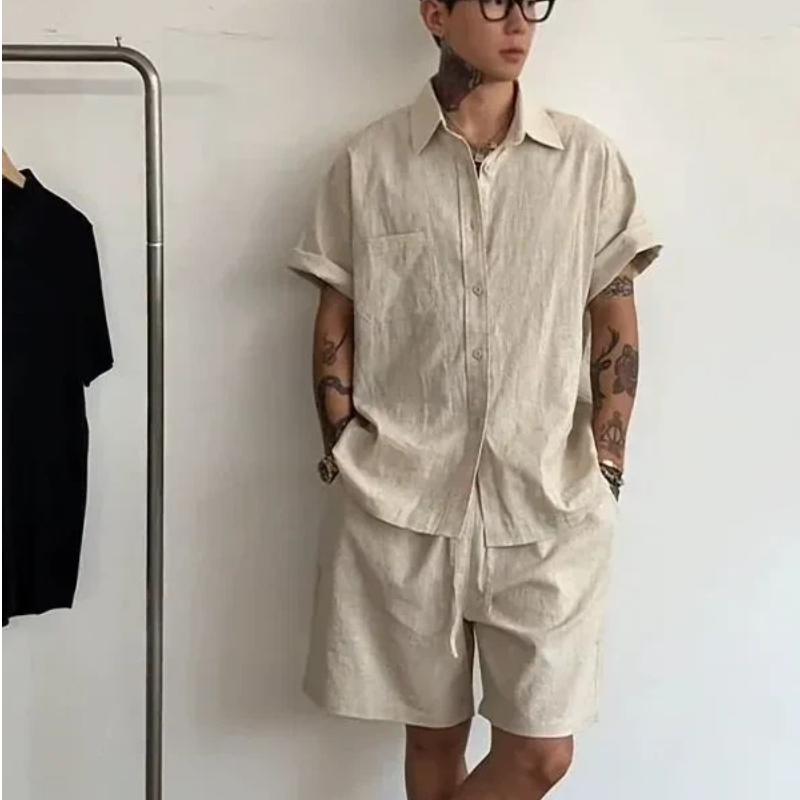 Linen Shorts Men - Setelan Linen Katun Pria 2 Potong,
