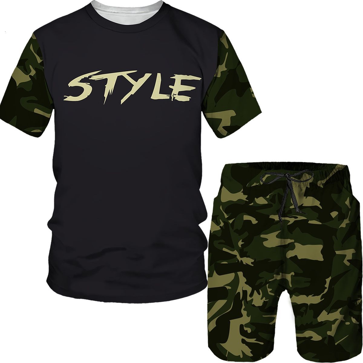 Summer Clothing Outfits - Setelan Pria Kamuflase Kaos Cetak 3D