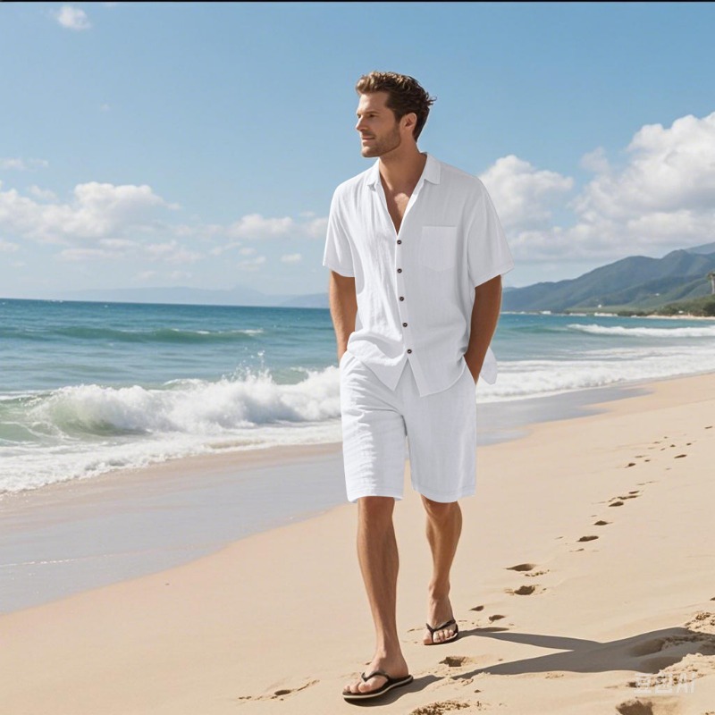 Setelan Kemeja Kerah Camp dan  - Linen Shorts Men ulasan dan harga