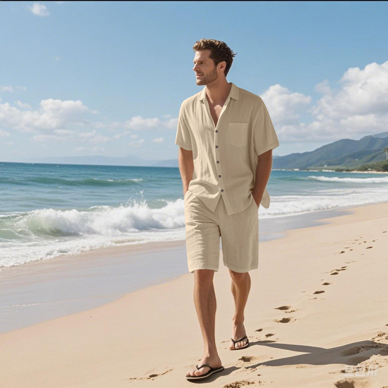 Setelan Kemeja Kerah Camp dan  - Linen Shorts Men ulasan dan harga