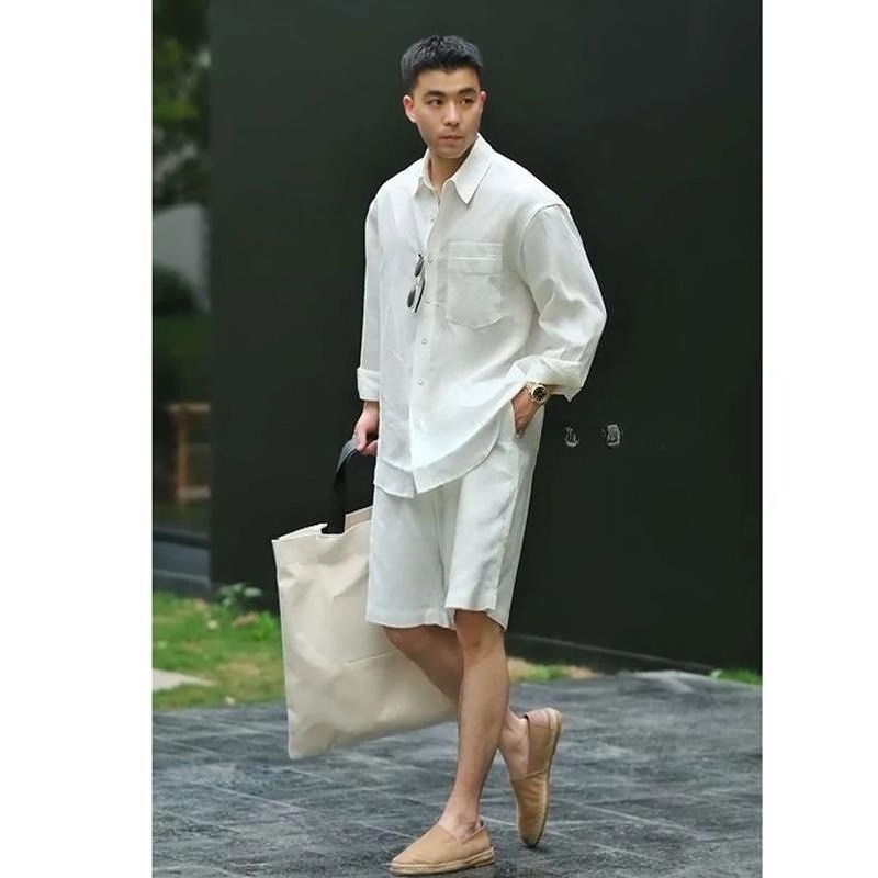 Set Kasual Musim Panas Kemeja  - Linen Shorts Men ulasan dan harga