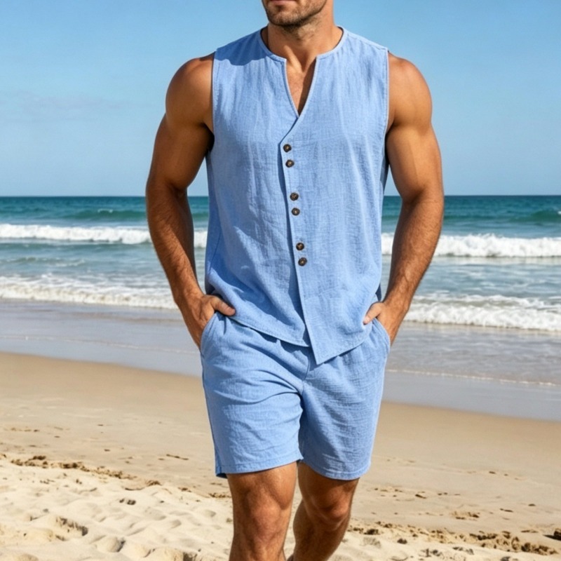 Setelan Kemeja Rompi Tanpa Len - Linen Shorts Men ulasan dan harga